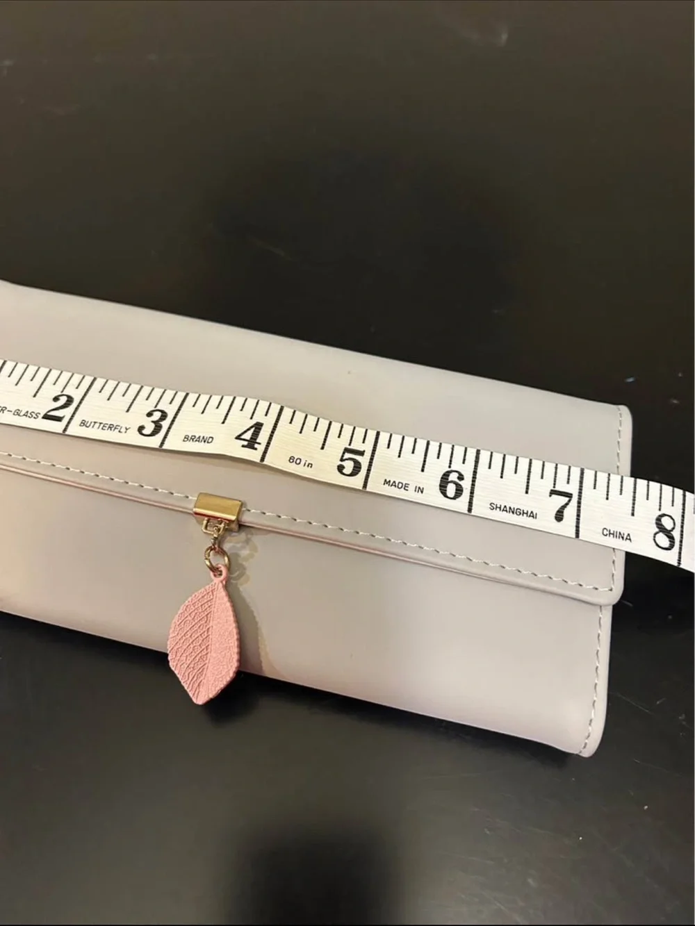 Women's light gray Clutch Wallet with Pink Leaf Charm
